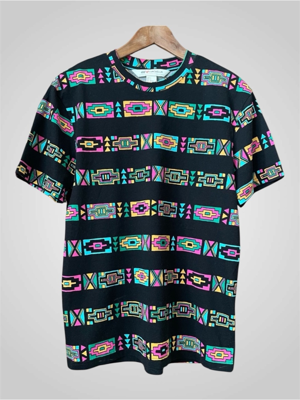 H&M x Coachella Men's Size Small T-Shirt Black Multi Colour Tribal Aztec Print